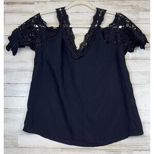 SHEIN Women's Black Lace Short Sleeve Cold Shoulder Blouse Size M Dressy
